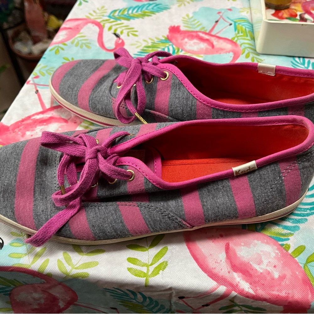 Kate Spade Keds Pink/Gray Striped Sneakers Size 7.5